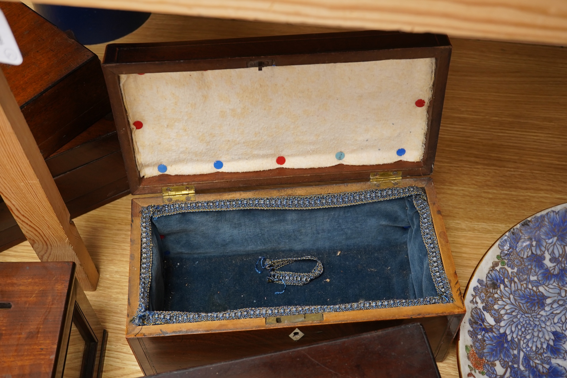 A group of five 19th-century boxes to include two artists paint boxes and a post box, largest 30cm wide